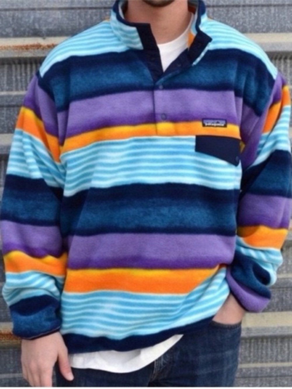 Patagonia Men’s Striped Crewneck Pullover - Purple, Blue & Orange EUC